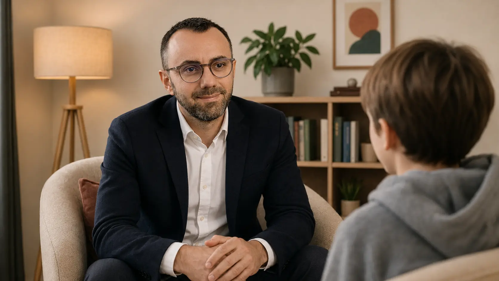Psych.PhD. Andrei Alin Milosi-Schernberger im ruhigen Gespräch mit einem Kind
