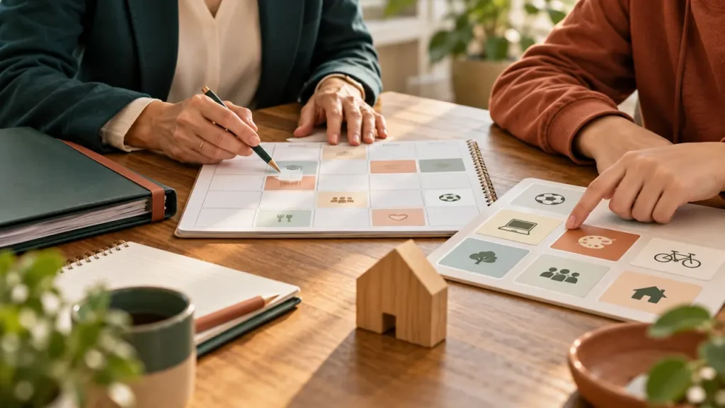 Besprechung eines Betreuungsplans mit Symbolkarten